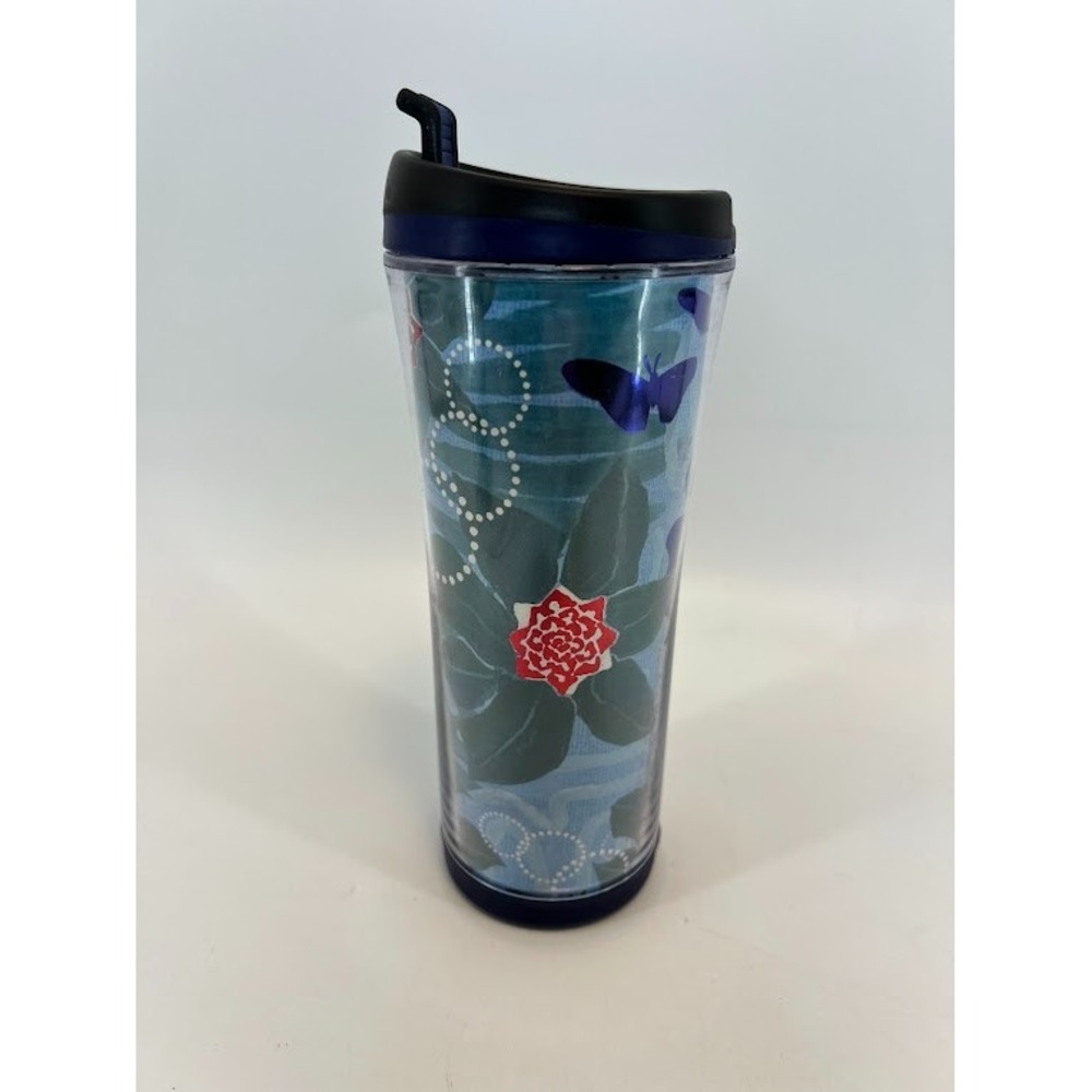 2007 Starbucks Blue Metallic Floral Flower Butterfly 16 oz Tumbler